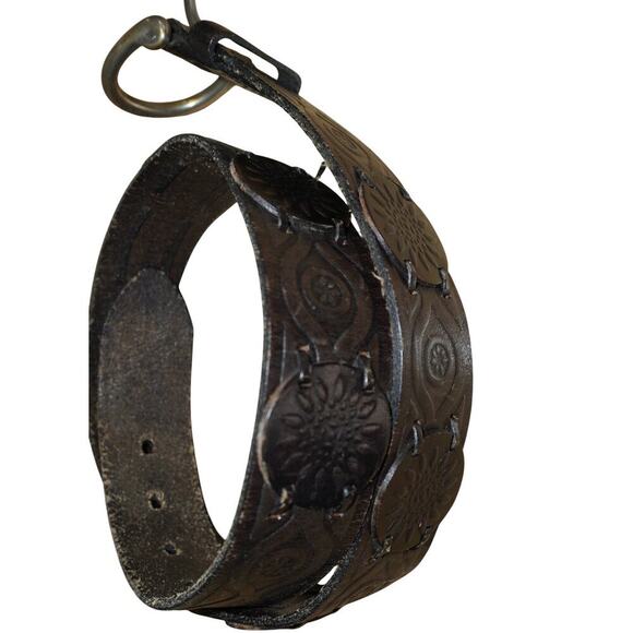 Vintage Tooled Leather Belt Floral Embossed Brass Buckle Medium - Picture 3 of 7